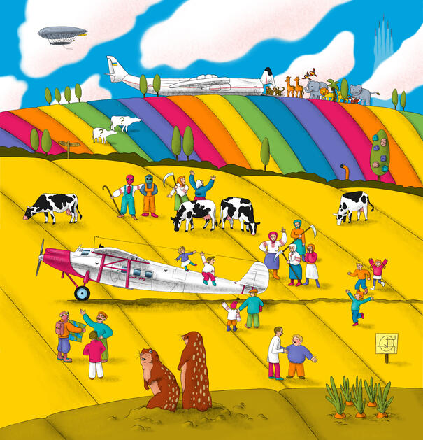Piece celebrating the new spin in evolution of an airplane wing. It's a complex illustration filled with hidden Easter eggs referencing many other breakthroughs in the book Ours. Engineering history of Ukraine.